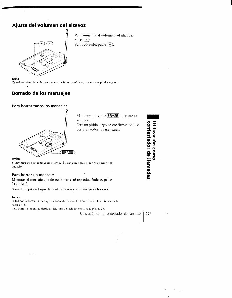 Ajuste del volumen del altavoz, Borrado de los mensajes | Sony SPP-AQ500 User Manual | Page 68 / 84