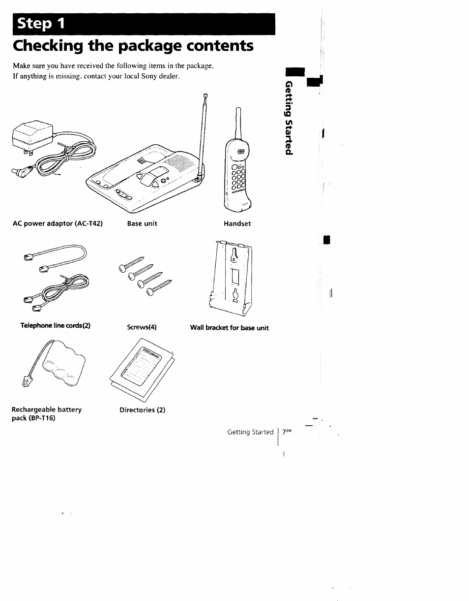 Checking the package contents, Step 1, I §i | Sony SPP-AQ500 User Manual | Page 7 / 84