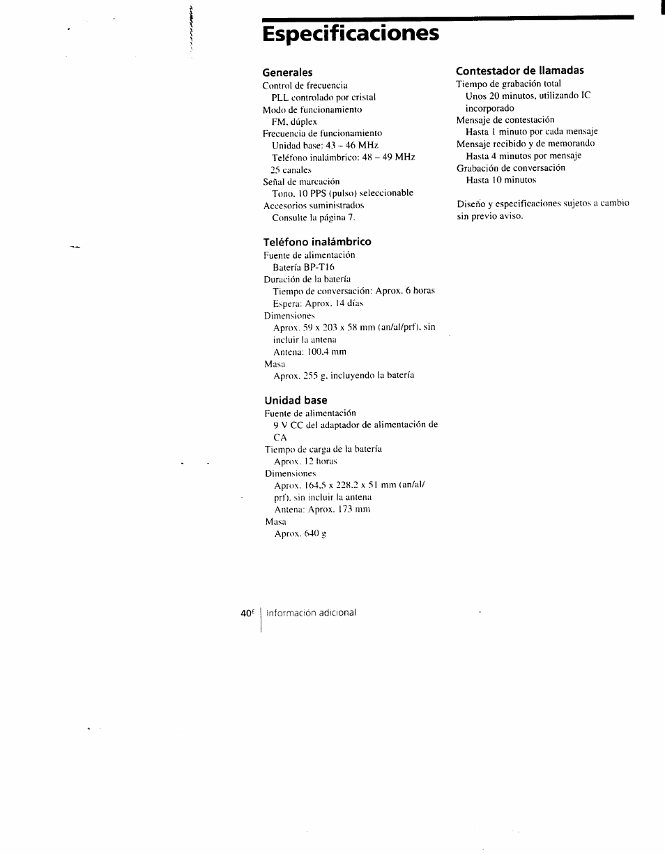 Especificaciones | Sony SPP-AQ500 User Manual | Page 73 / 84