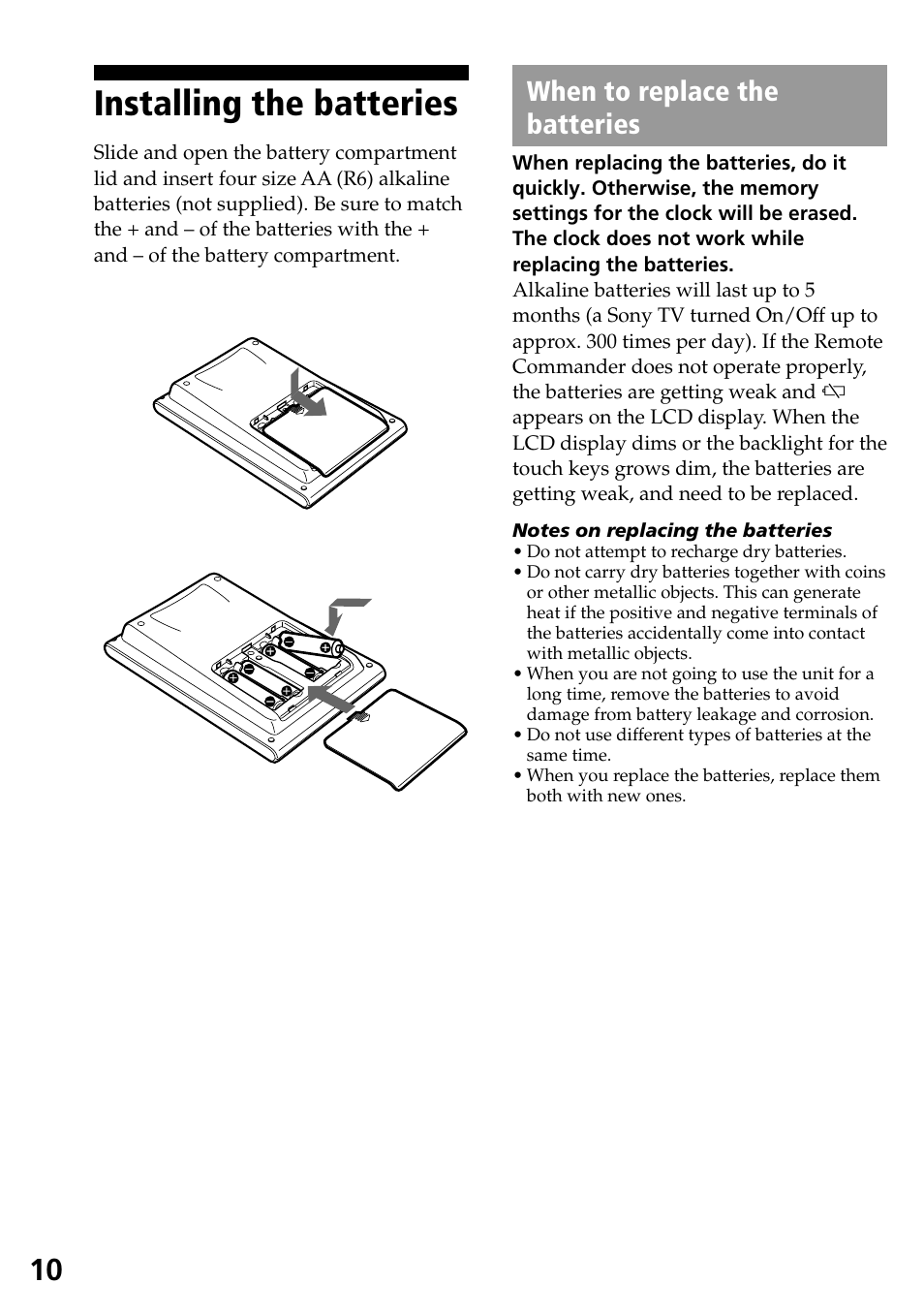 Installing the batteries, When to replace the batteries | Sony RM-AX4000A User Manual | Page 10 / 96