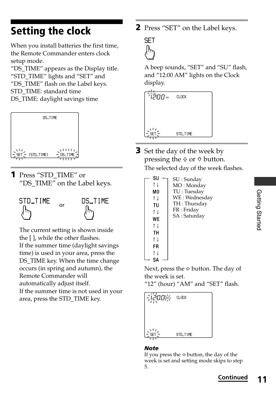 Setting the clock, Press “std_time” or “ds_time” on the label keys, Press “set” on the label keys | Sony RM-AX4000A User Manual | Page 11 / 96