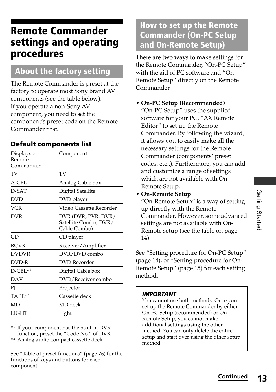 Remote commander settings and operating procedures, About the factory setting | Sony RM-AX4000A User Manual | Page 13 / 96
