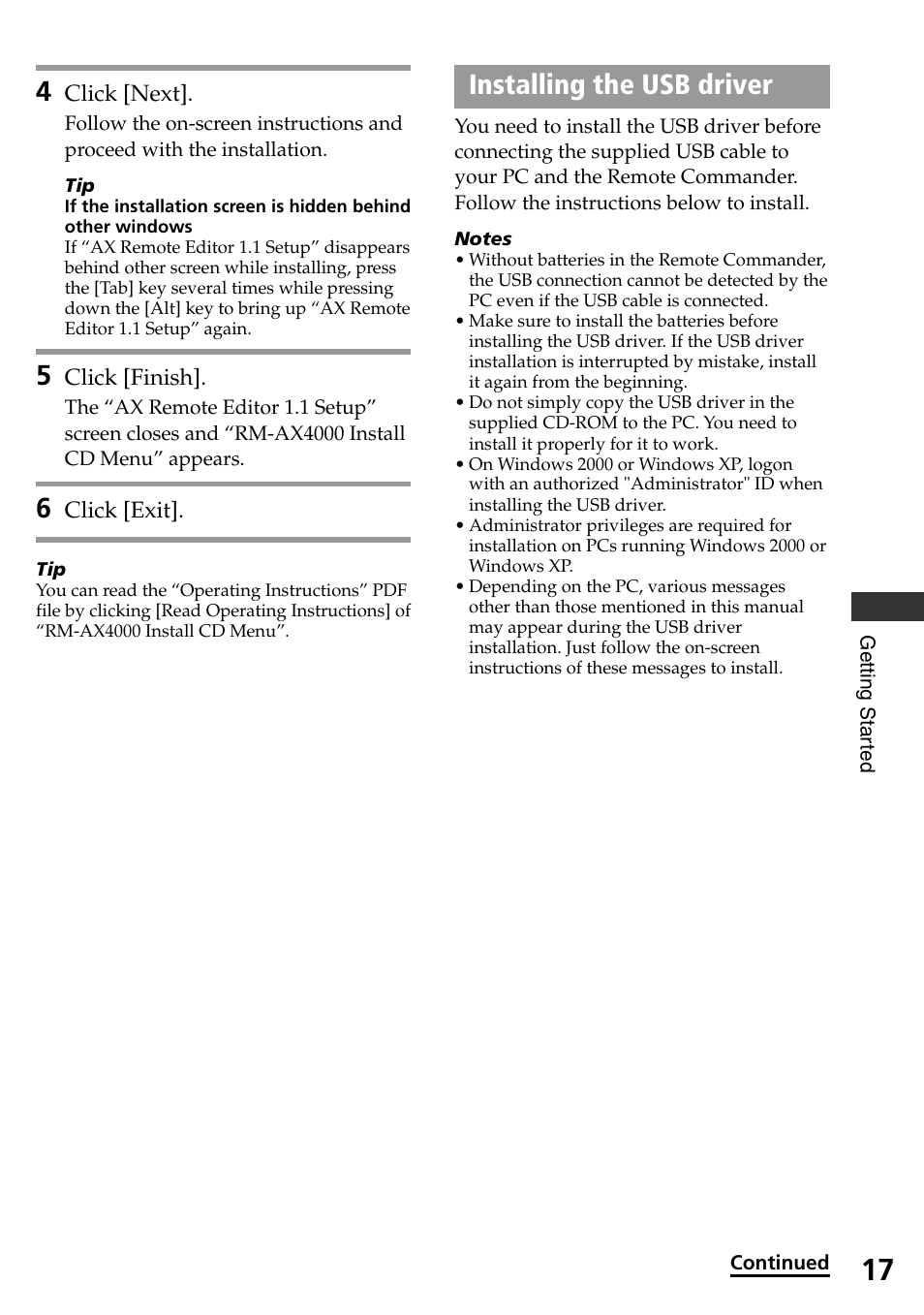 Installing the usb driver | Sony RM-AX4000A User Manual | Page 17 / 96