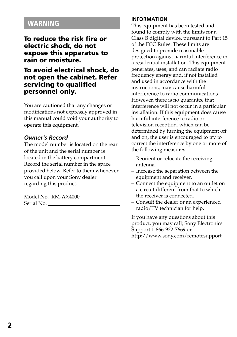 Warning | Sony RM-AX4000A User Manual | Page 2 / 96