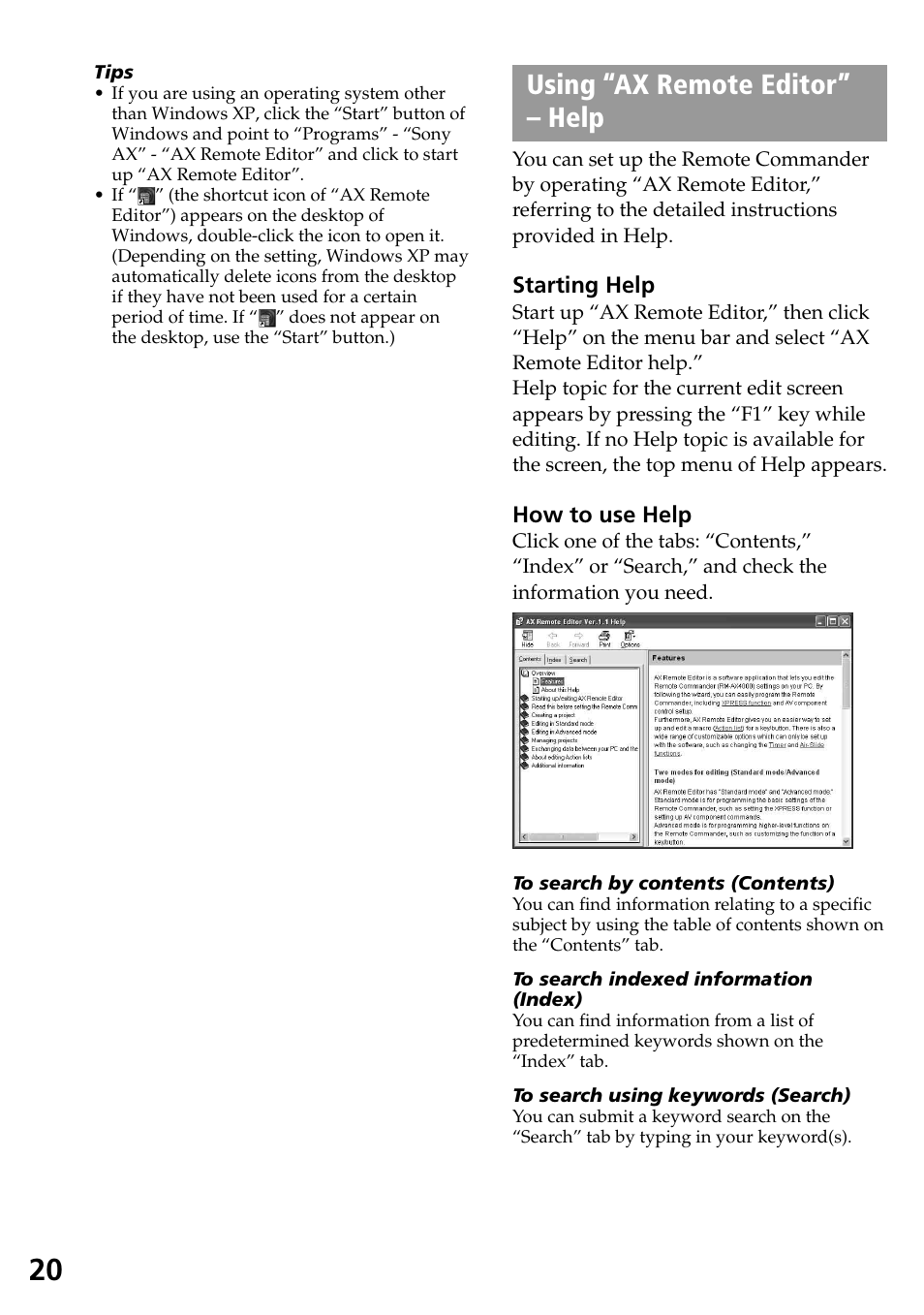 Using “ax remote editor” - help, Using “ax remote editor”– help, Using “ax remote editor” – help | Sony RM-AX4000A User Manual | Page 20 / 96