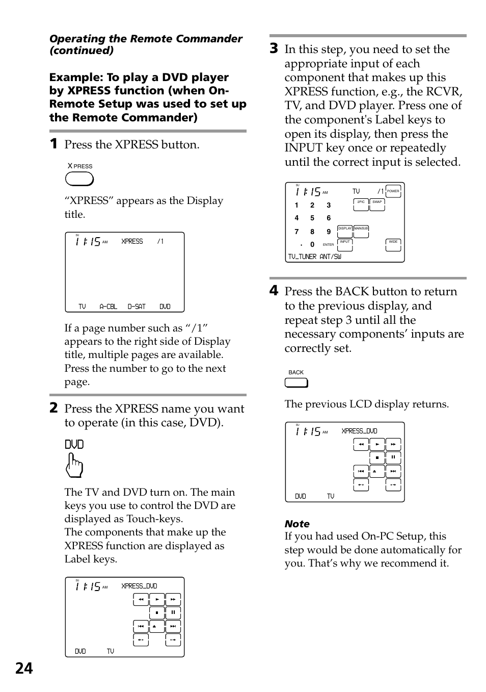 Press the xpress button, Xpress” appears as the display title, The previous lcd display returns | Sony RM-AX4000A User Manual | Page 24 / 96