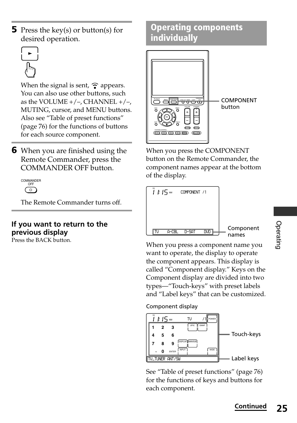 Operating components individually, If you want to return to the previous display, Oper ating | The remote commander turns off, Continued, Press the back button | Sony RM-AX4000A User Manual | Page 25 / 96