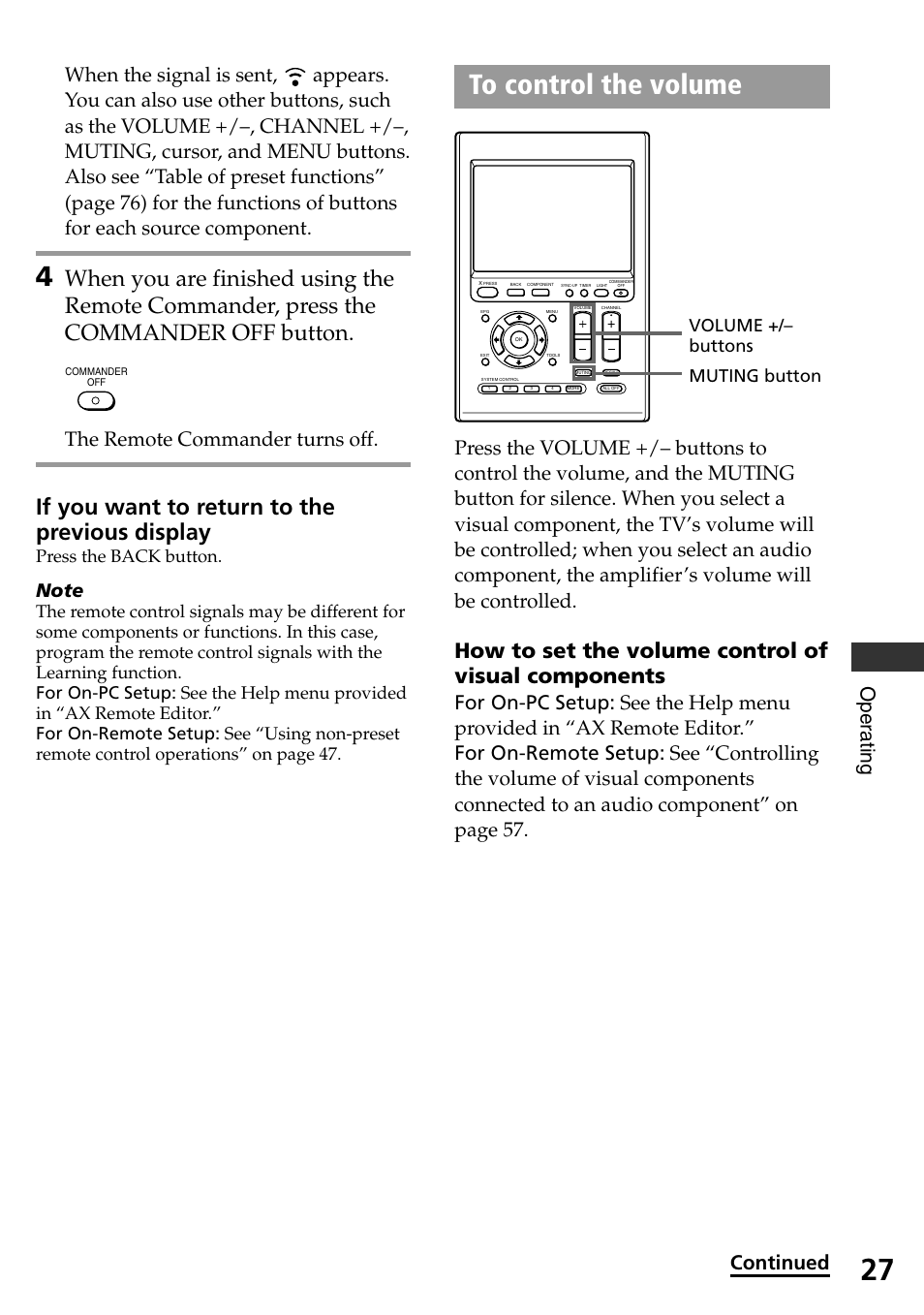 To control the volume, If you want to return to the previous display, How to set the volume control of visual components | The remote commander turns off, Press the back button, Volume +/– buttons muting button | Sony RM-AX4000A User Manual | Page 27 / 96