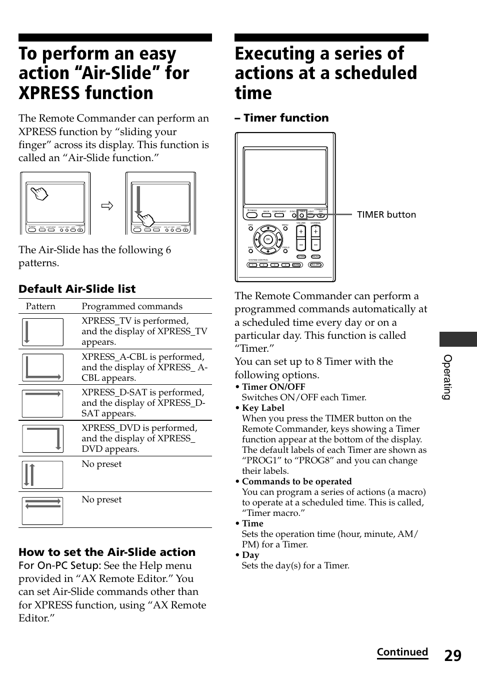Executing a series of actions at a scheduled time, Timer function, Oper ating | Continued, The air-slide has the following 6 patterns | Sony RM-AX4000A User Manual | Page 29 / 96