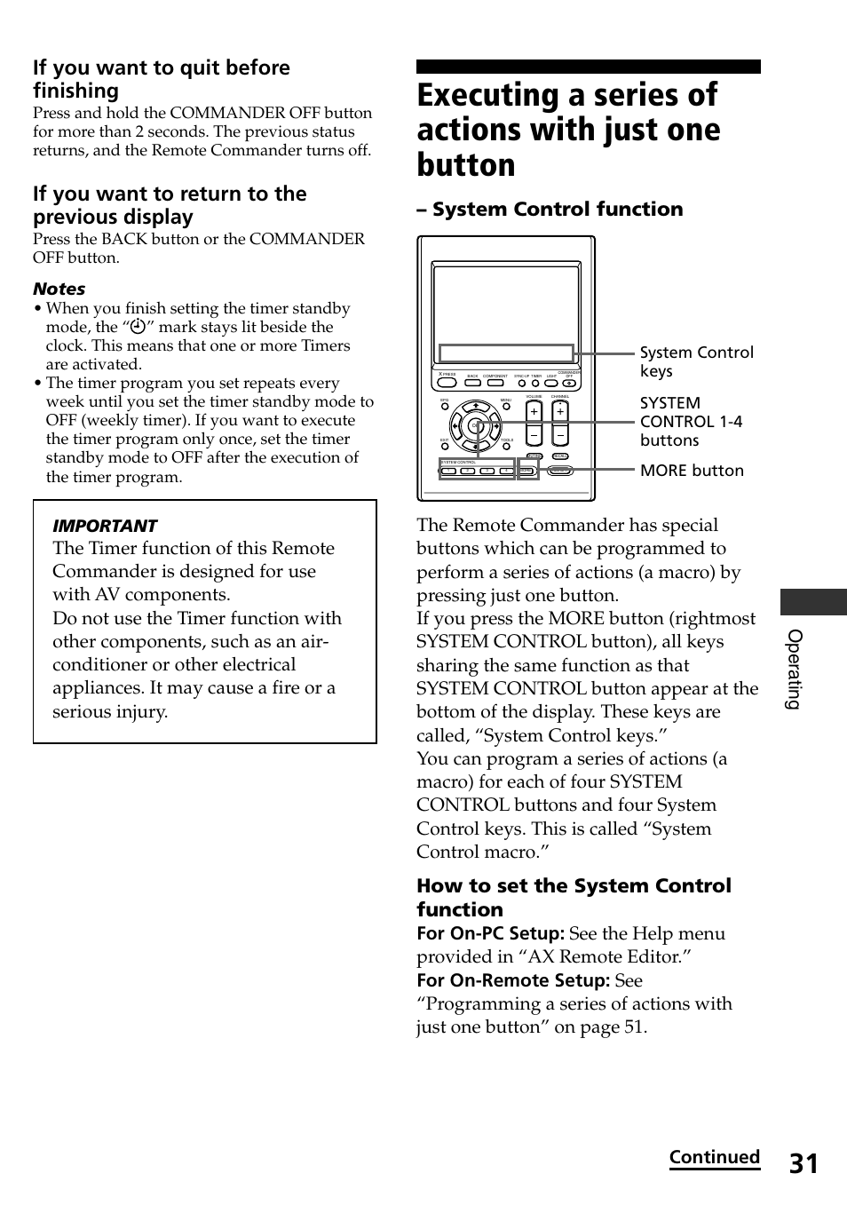 Executing a series of actions with just one button, If you want to quit before finishing, If you want to return to the previous display | System control function, How to set the system control function, Oper ating, Continued, Important, Press the back button or the commander off button | Sony RM-AX4000A User Manual | Page 31 / 96