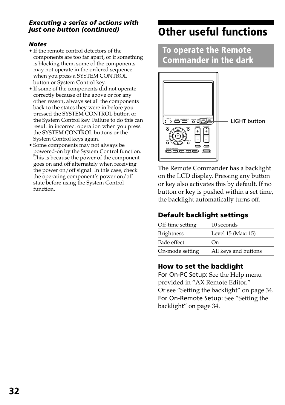 Other useful functions, To operate the remote commander in the dark, Default backlight settings | How to set the backlight, Light button | Sony RM-AX4000A User Manual | Page 32 / 96