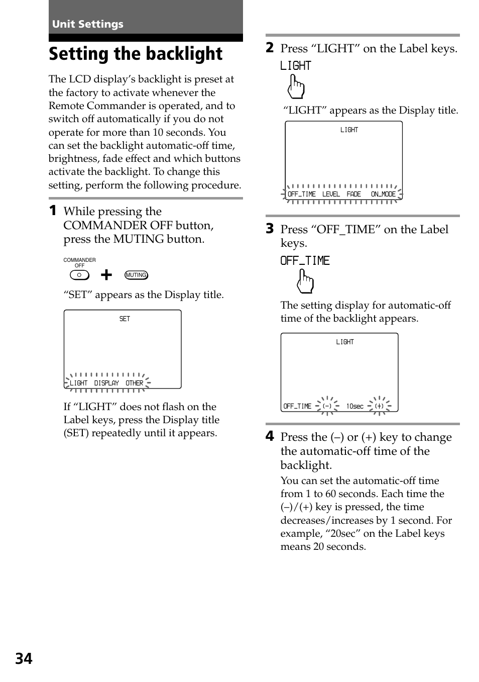 Unit settings, Setting the backlight, Off_time | Light, Press “light” on the label keys, Press “off_time” on the label keys | Sony RM-AX4000A User Manual | Page 34 / 96