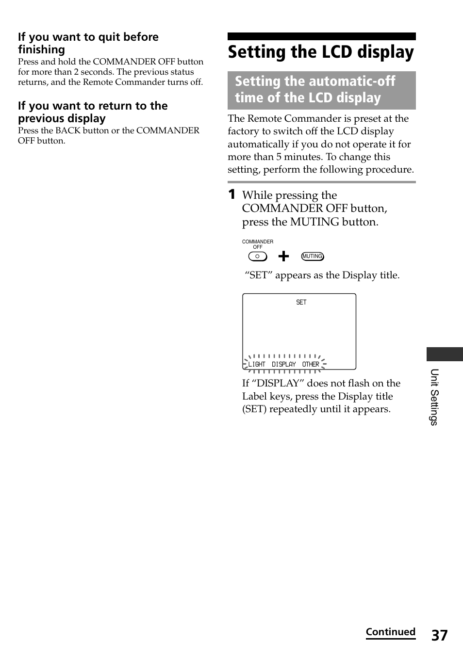 Setting the lcd display, Setting the automatic-off time of the lcd display, If you want to quit before finishing | If you want to return to the previous display | Sony RM-AX4000A User Manual | Page 37 / 96
