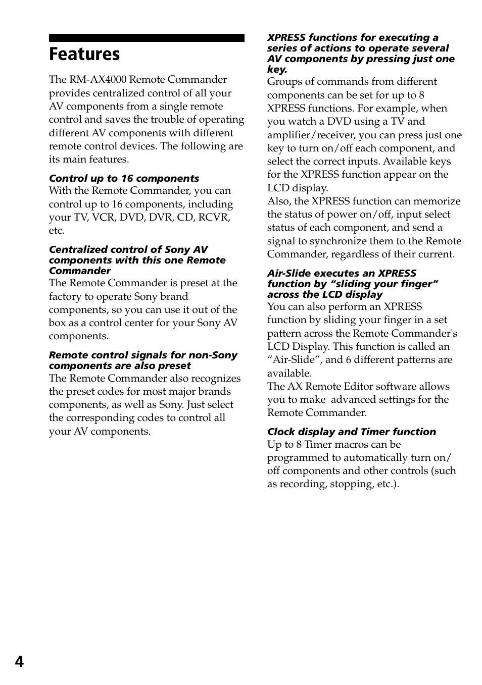 Features | Sony RM-AX4000A User Manual | Page 4 / 96