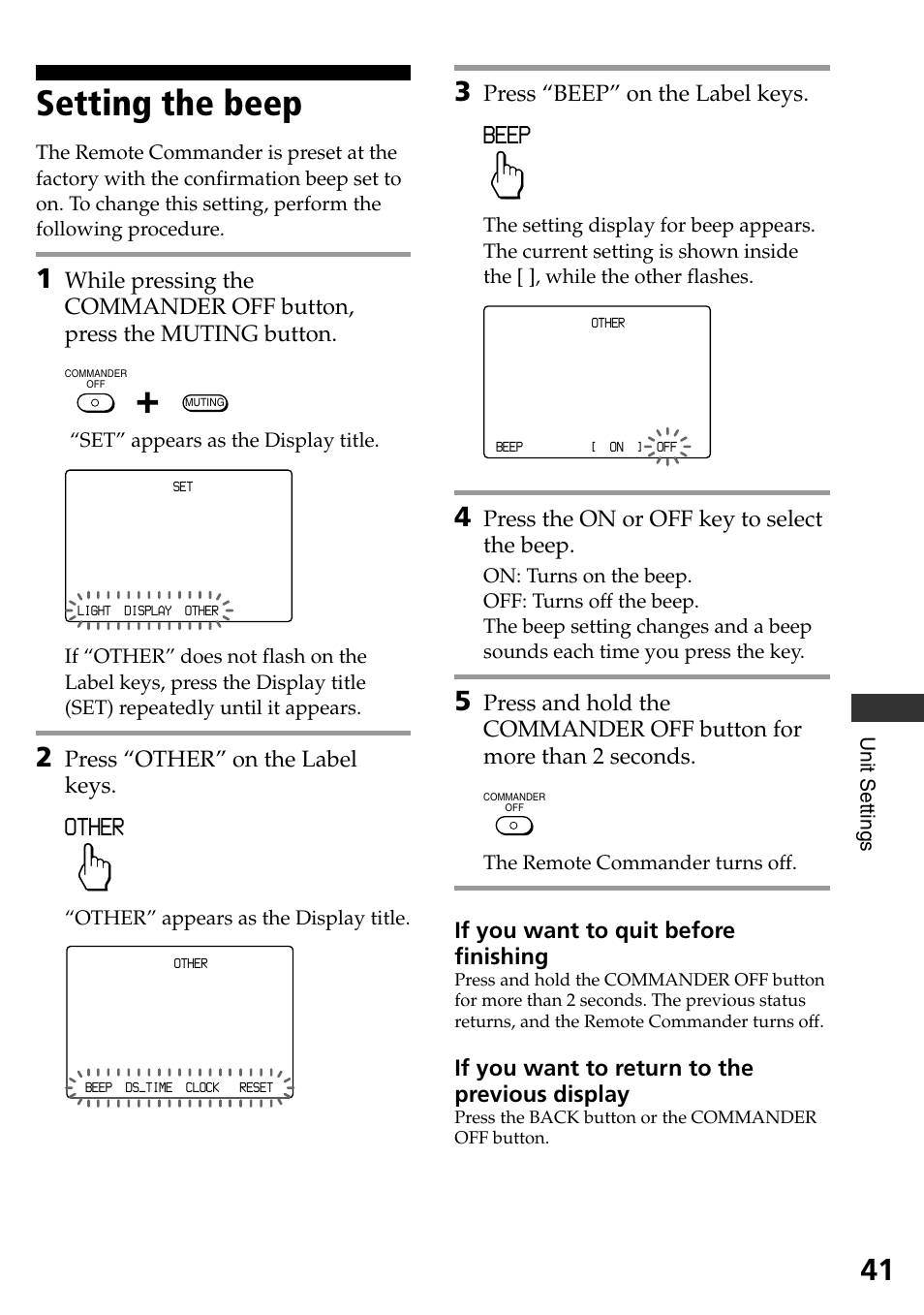 Setting the beep, Beep, Other | Press “beep” on the label keys, Press the on or off key to select the beep, If you want to quit before finishing, If you want to return to the previous display, Press “other” on the label keys | Sony RM-AX4000A User Manual | Page 41 / 96