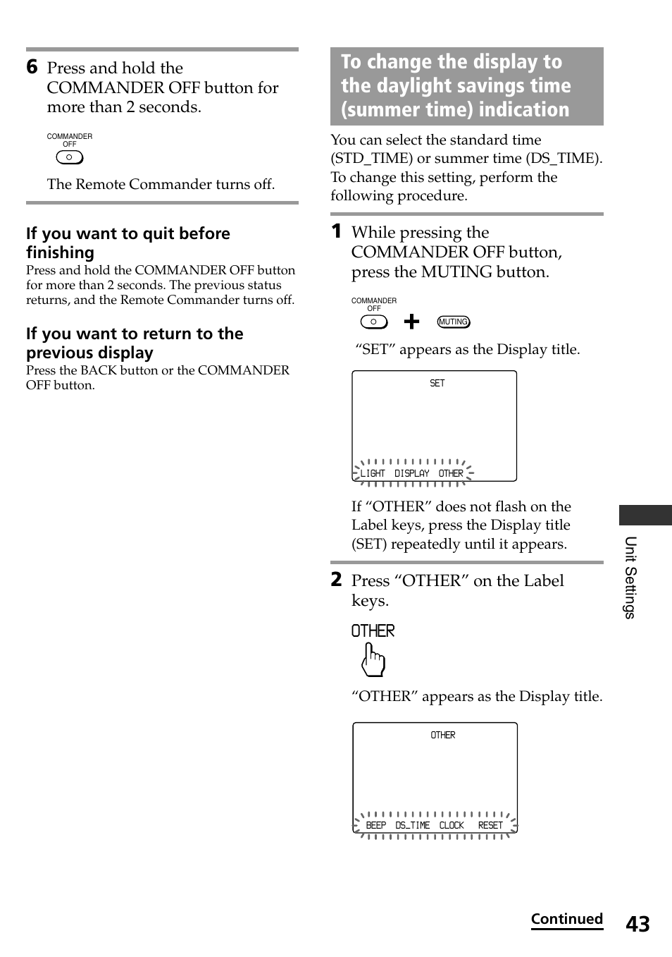 Other, If you want to quit before finishing, If you want to return to the previous display | Press “other” on the label keys | Sony RM-AX4000A User Manual | Page 43 / 96