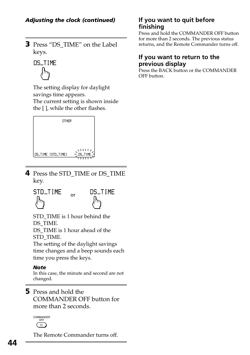 Ds_time, Press “ds_time” on the label keys, Press the std_time or ds_time key | If you want to quit before finishing, If you want to return to the previous display | Sony RM-AX4000A User Manual | Page 44 / 96