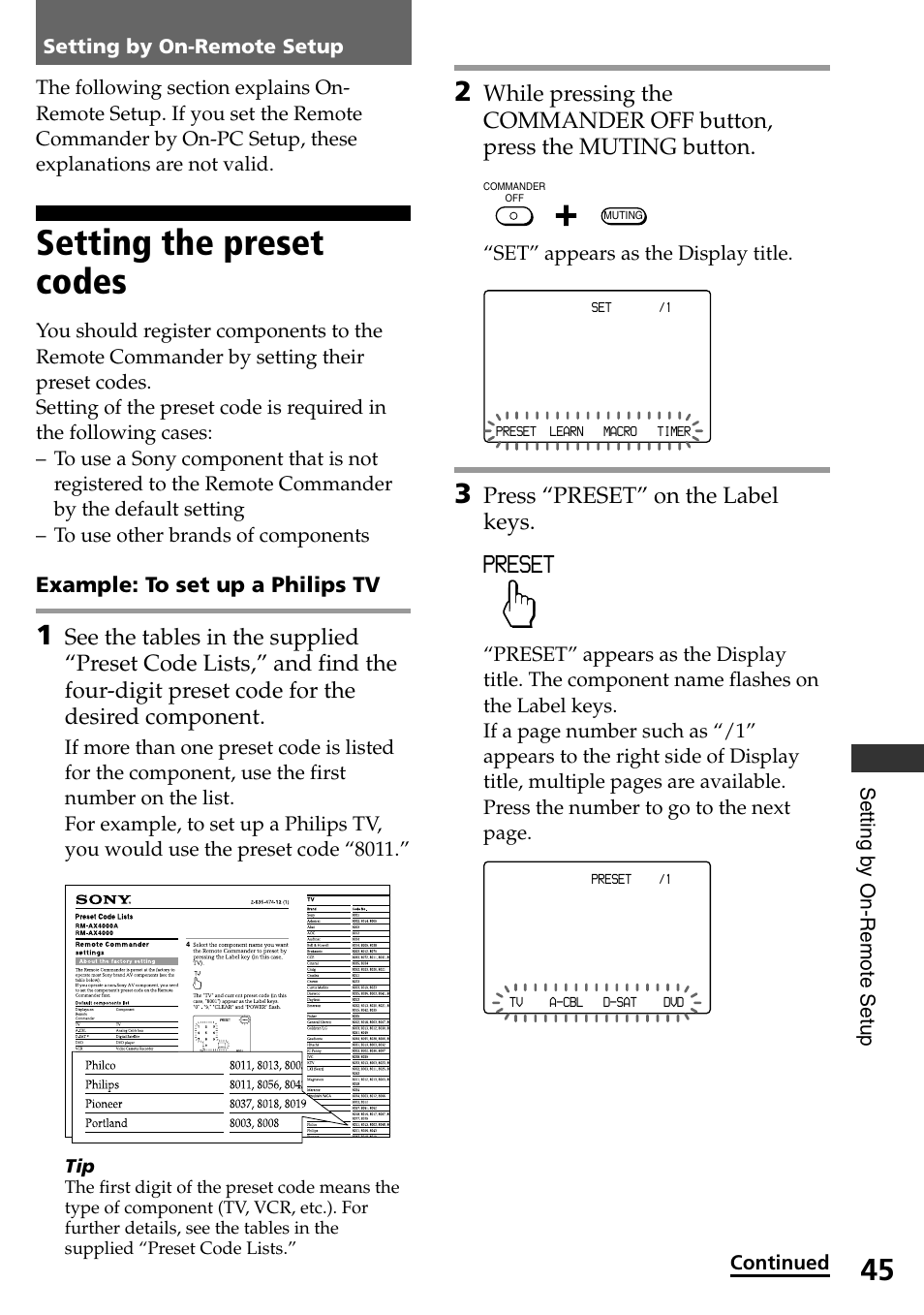 Setting by on-remote setup, Setting the preset codes, Preset | Press “preset” on the label keys, Example: to set up a philips tv | Sony RM-AX4000A User Manual | Page 45 / 96