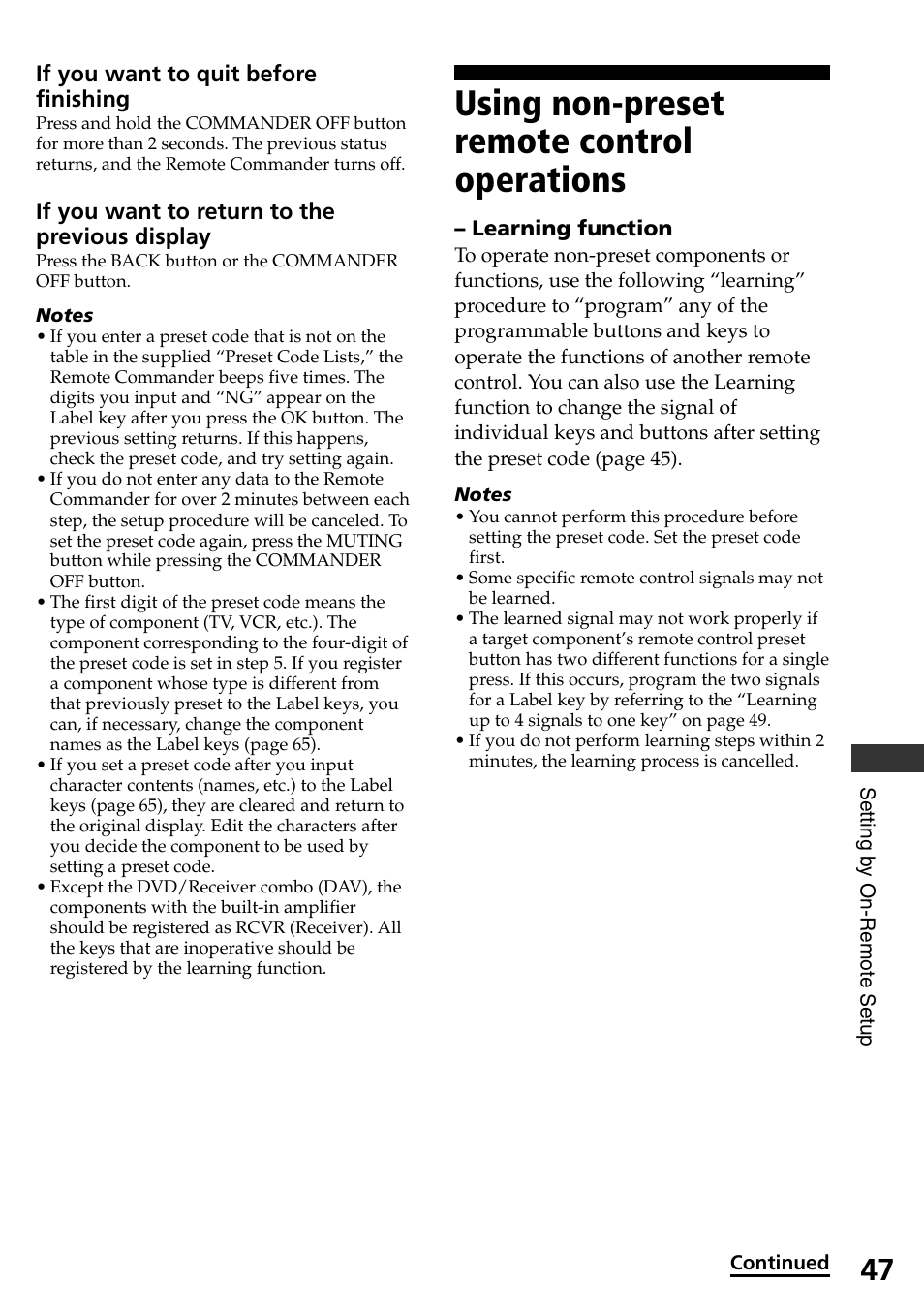 Using non-preset remote control operations | Sony RM-AX4000A User Manual | Page 47 / 96