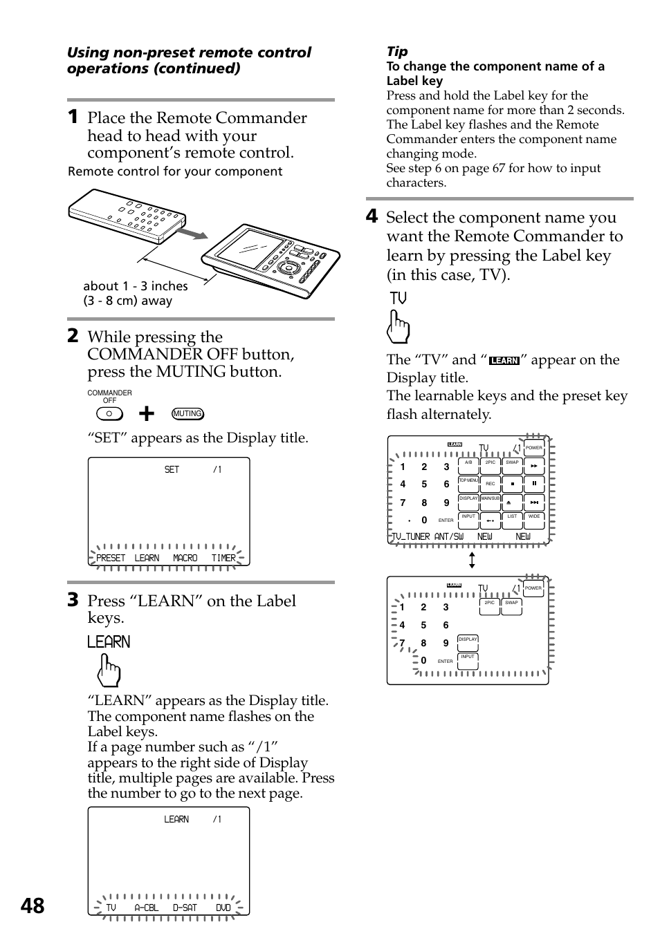 Learn, Press “learn” on the label keys, Set” appears as the display title | The “tv” and | Sony RM-AX4000A User Manual | Page 48 / 96