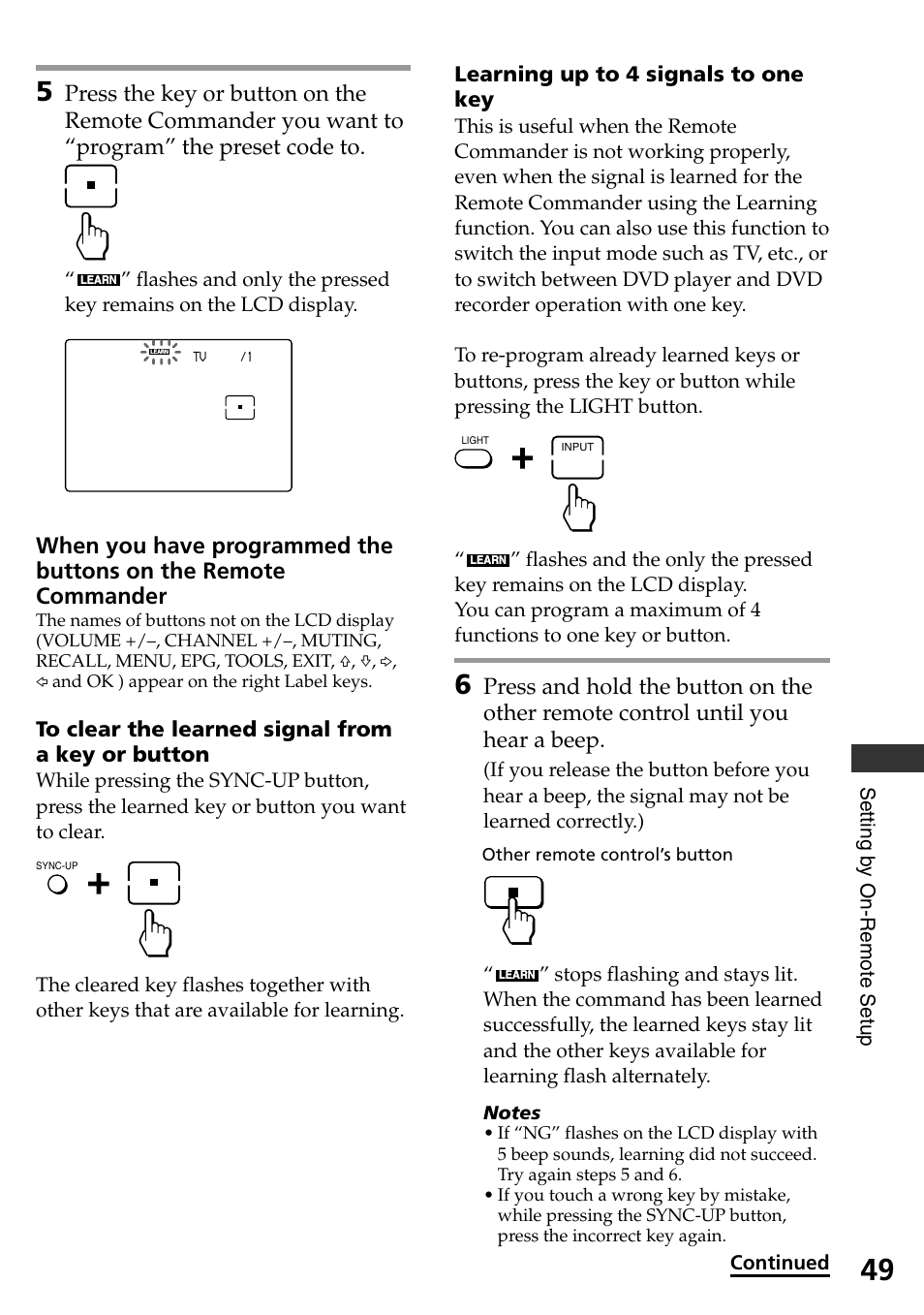 To clear the learned signal from a key or button, Learning up to 4 signals to one key | Sony RM-AX4000A User Manual | Page 49 / 96