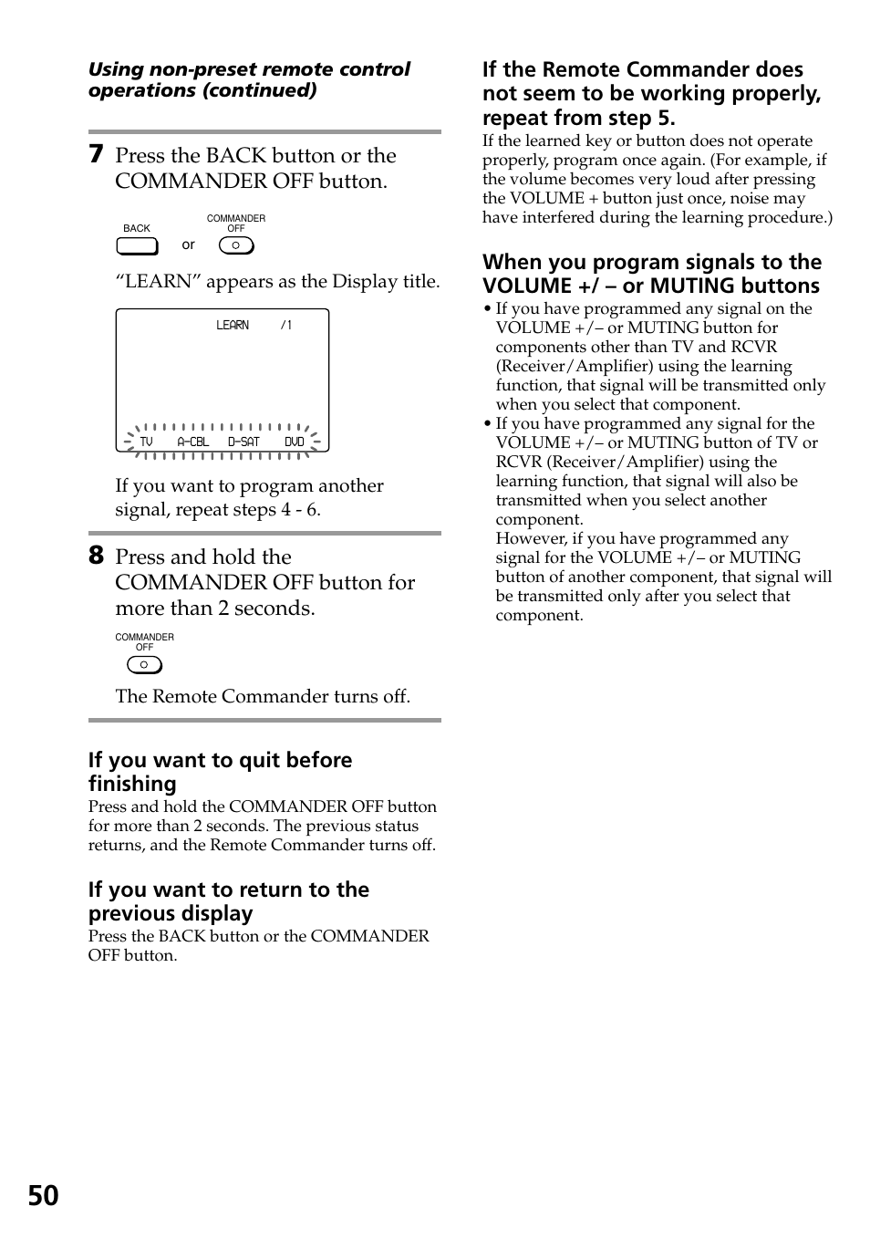 Press the back button or the commander off button, If you want to quit before finishing, If you want to return to the previous display | Sony RM-AX4000A User Manual | Page 50 / 96