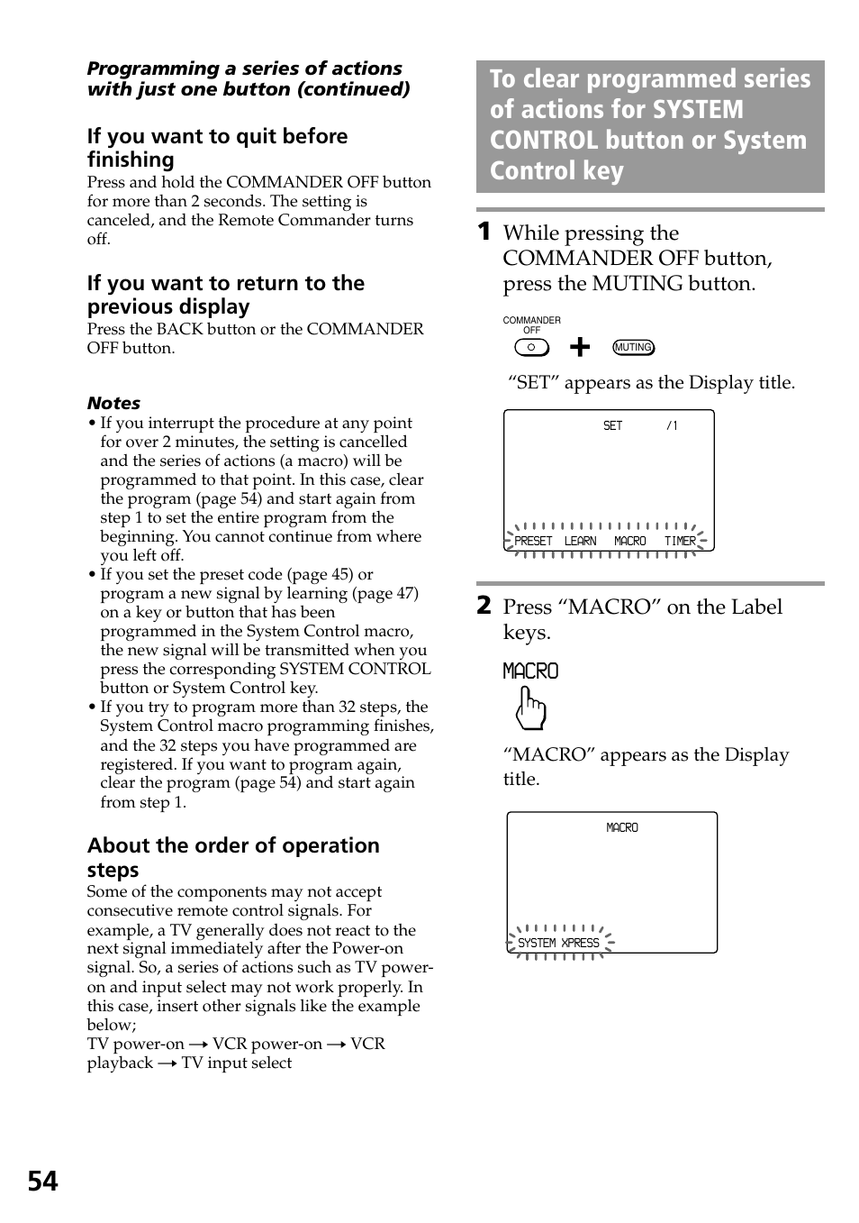 System control key, Macro, If you want to quit before finishing | If you want to return to the previous display, About the order of operation steps, Press “macro” on the label keys | Sony RM-AX4000A User Manual | Page 54 / 96