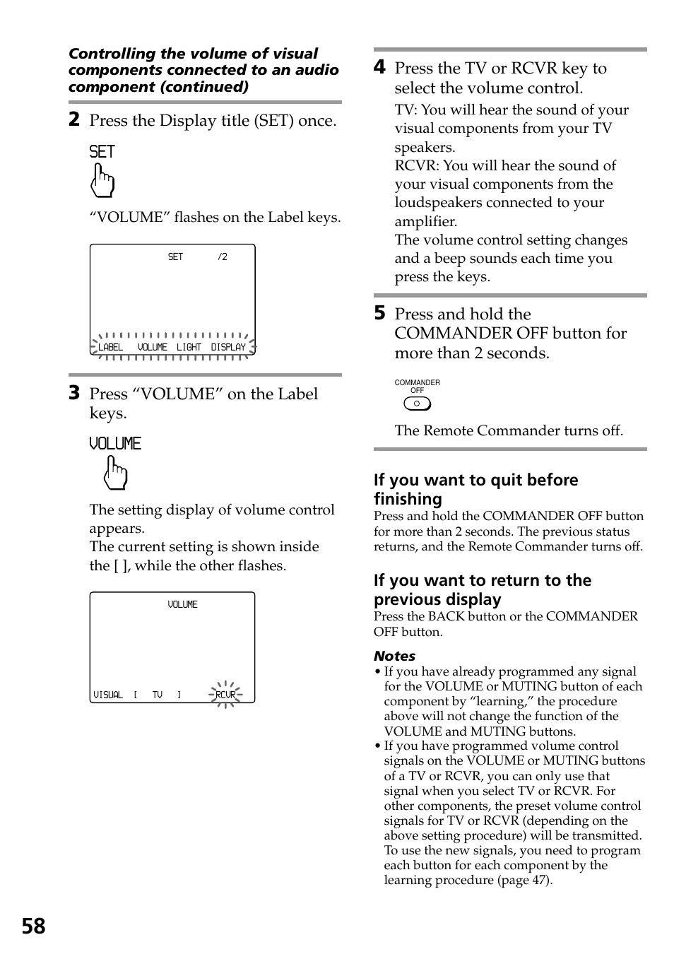 Volume, Press the display title (set) once, Press “volume” on the label keys | If you want to quit before finishing, If you want to return to the previous display | Sony RM-AX4000A User Manual | Page 58 / 96