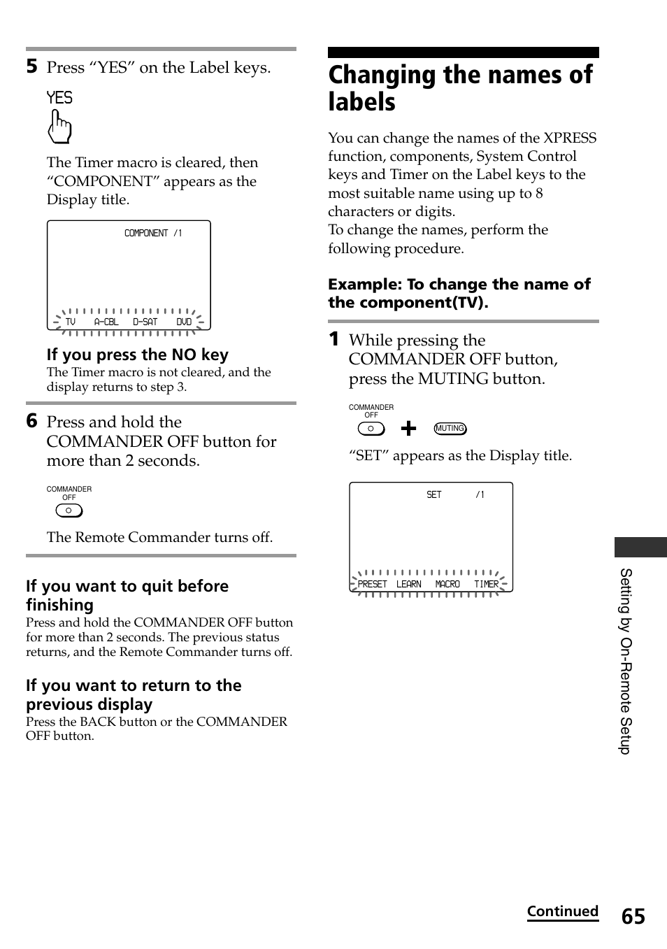 Changing the names of labels, Press “yes” on the label keys, If you press the no key | If you want to quit before finishing, If you want to return to the previous display, Example: to change the name of the component(tv) | Sony RM-AX4000A User Manual | Page 65 / 96