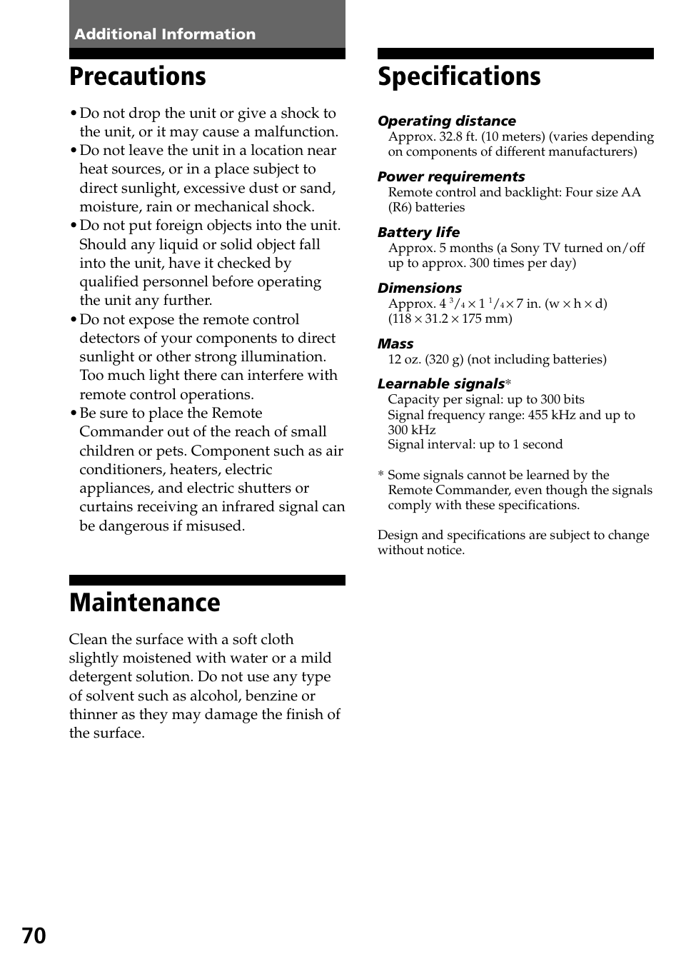 Additional information, Precautions, Maintenance | Specifications, Precautions maintenance specifications | Sony RM-AX4000A User Manual | Page 70 / 96