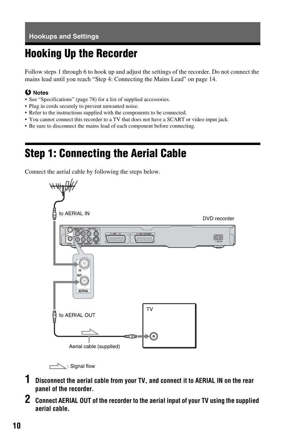 Hookups and settings, Hooking up the recorder, Step 1: connecting the aerial cable | Sony RDR-GX120 User Manual | Page 10 / 88