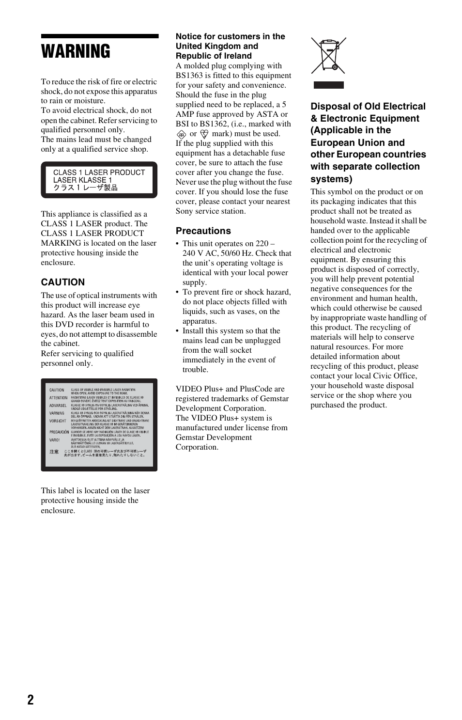 Warning | Sony RDR-GX120 User Manual | Page 2 / 88