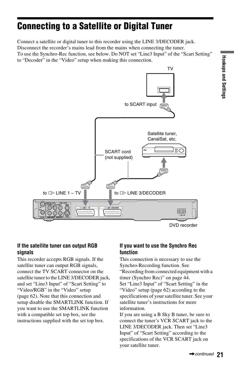 Connecting to a satellite or digital tuner | Sony RDR-GX120 User Manual | Page 21 / 88