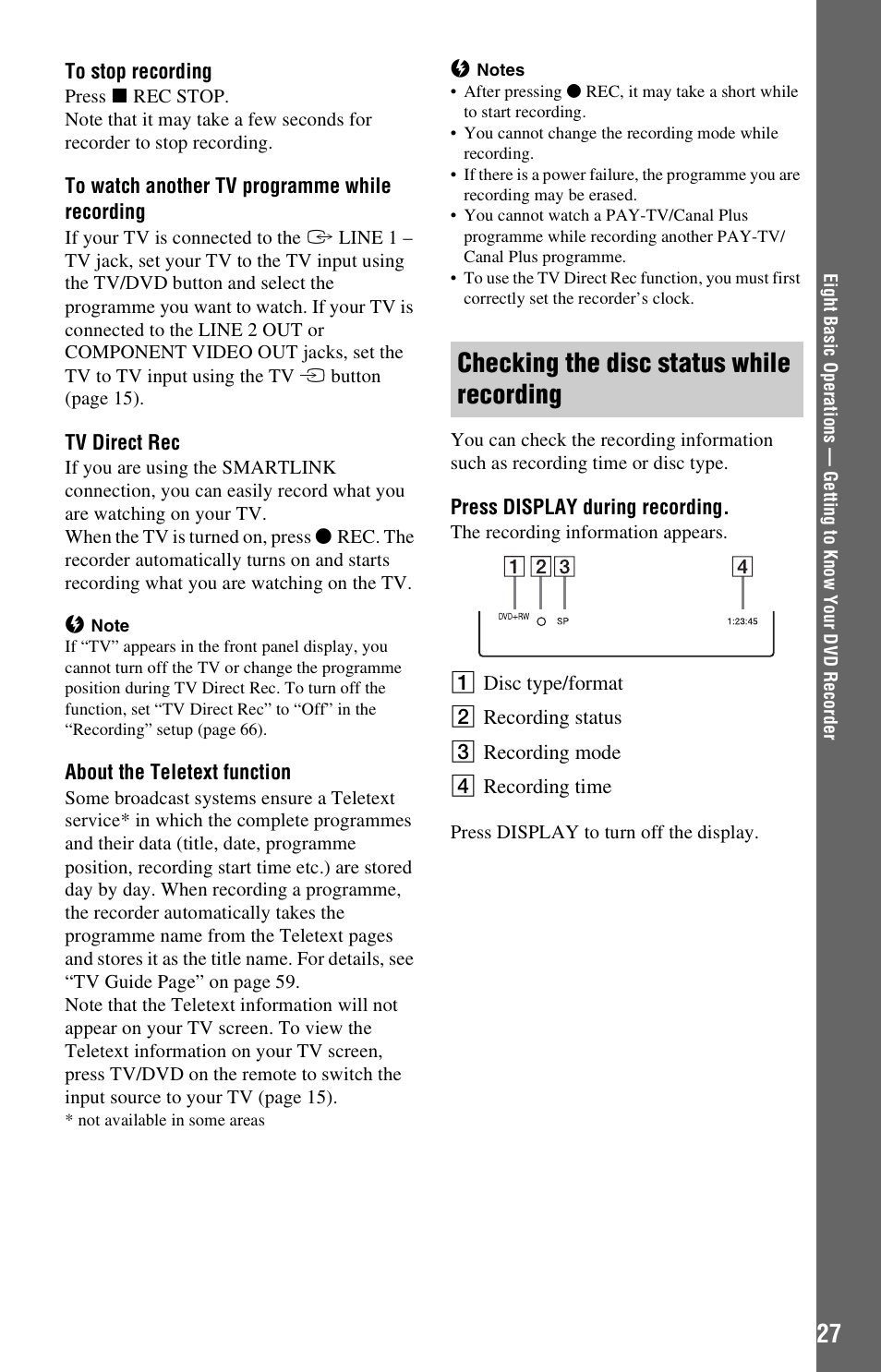 Checking the disc status while recording | Sony RDR-GX120 User Manual | Page 27 / 88