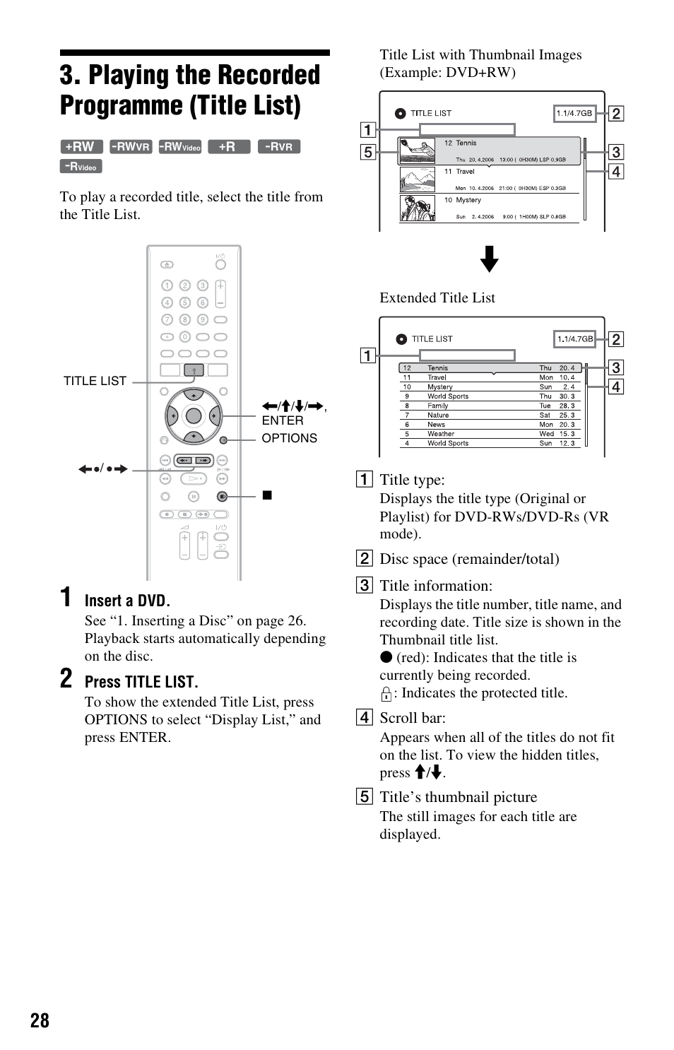 Playing the recorded programme (title list) | Sony RDR-GX120 User Manual | Page 28 / 88