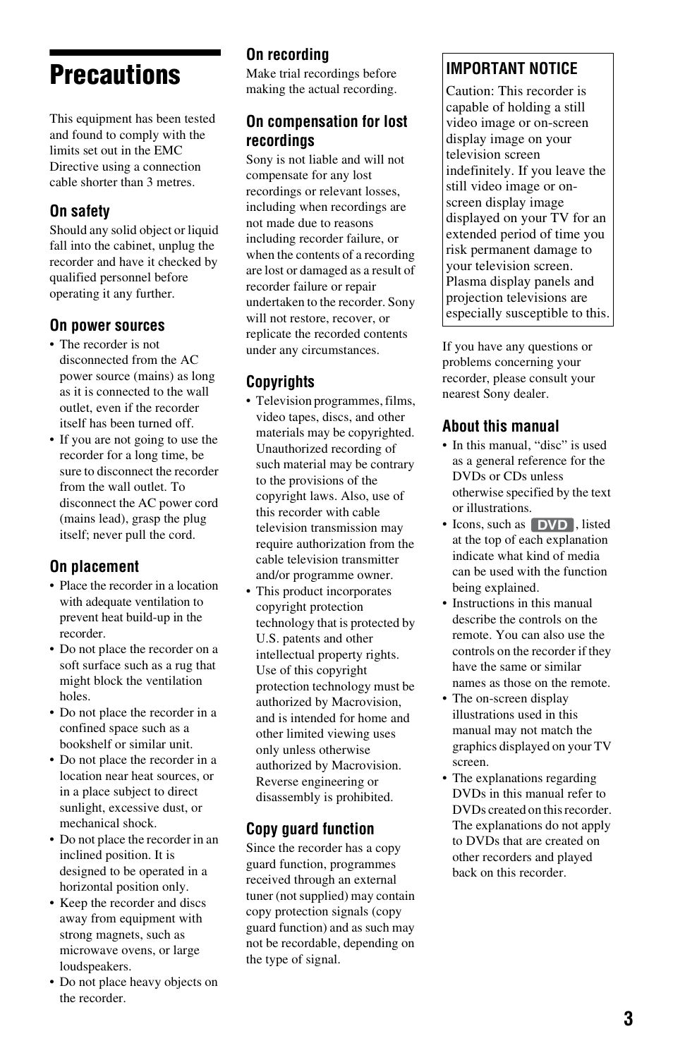 Precautions | Sony RDR-GX120 User Manual | Page 3 / 88