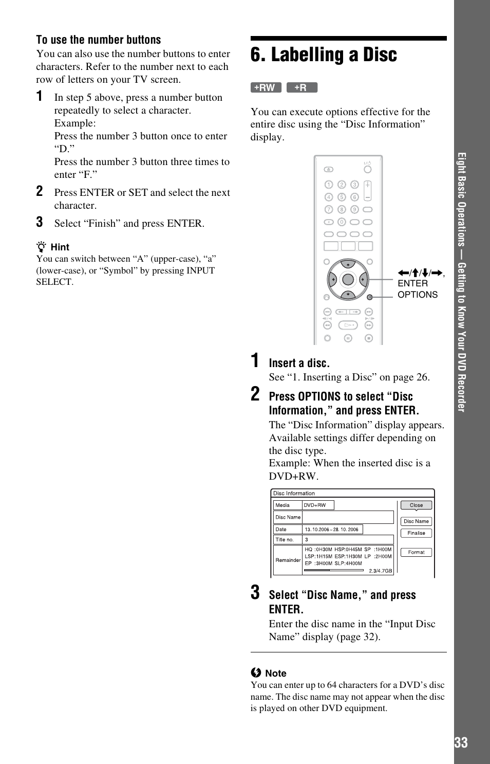 Labelling a disc | Sony RDR-GX120 User Manual | Page 33 / 88