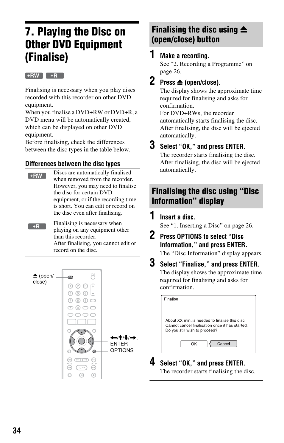 Playing the disc on other dvd equipment (finalise), Finalising the disc using z (open/close) button, Finalising the disc using z | Sony RDR-GX120 User Manual | Page 34 / 88