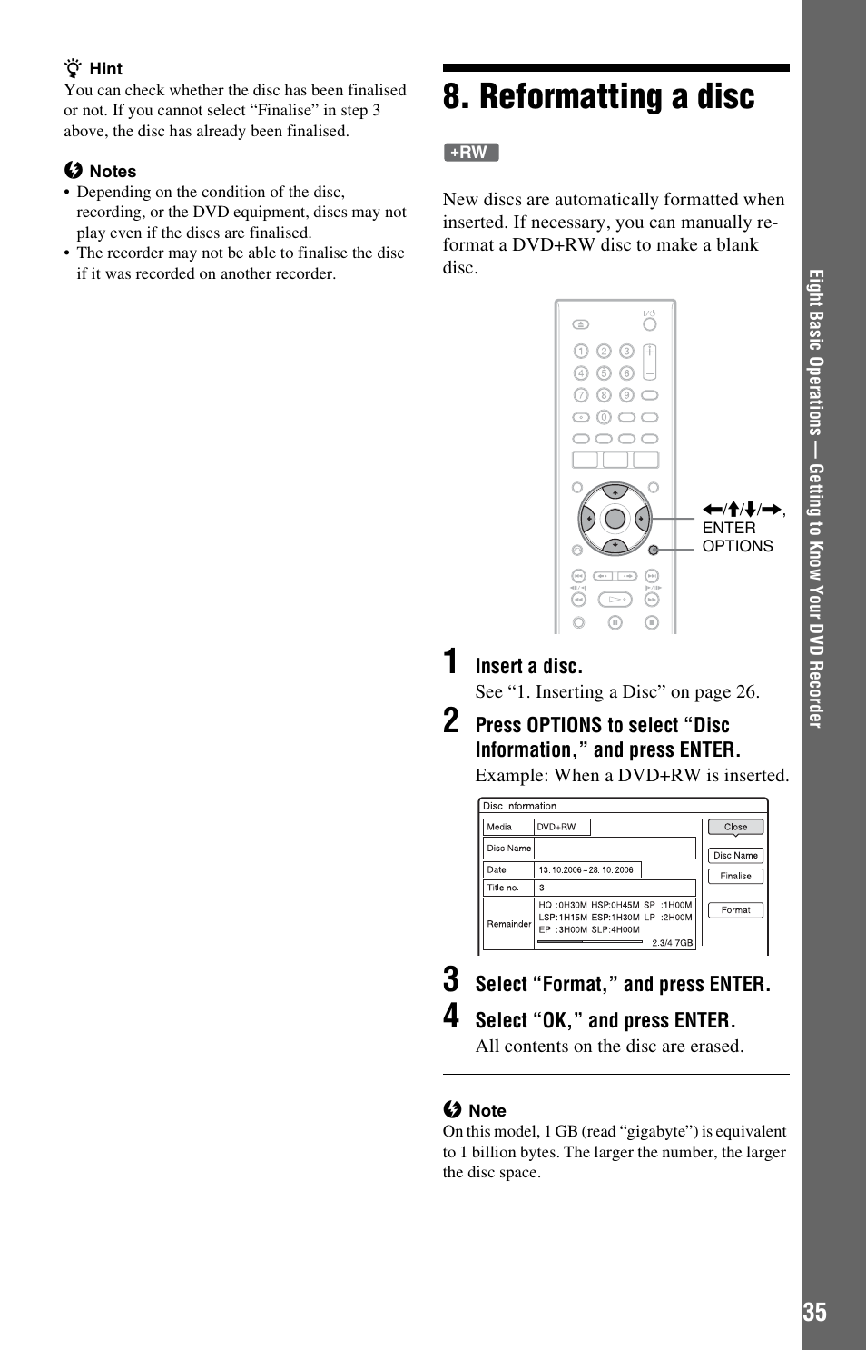 Reformatting a disc | Sony RDR-GX120 User Manual | Page 35 / 88