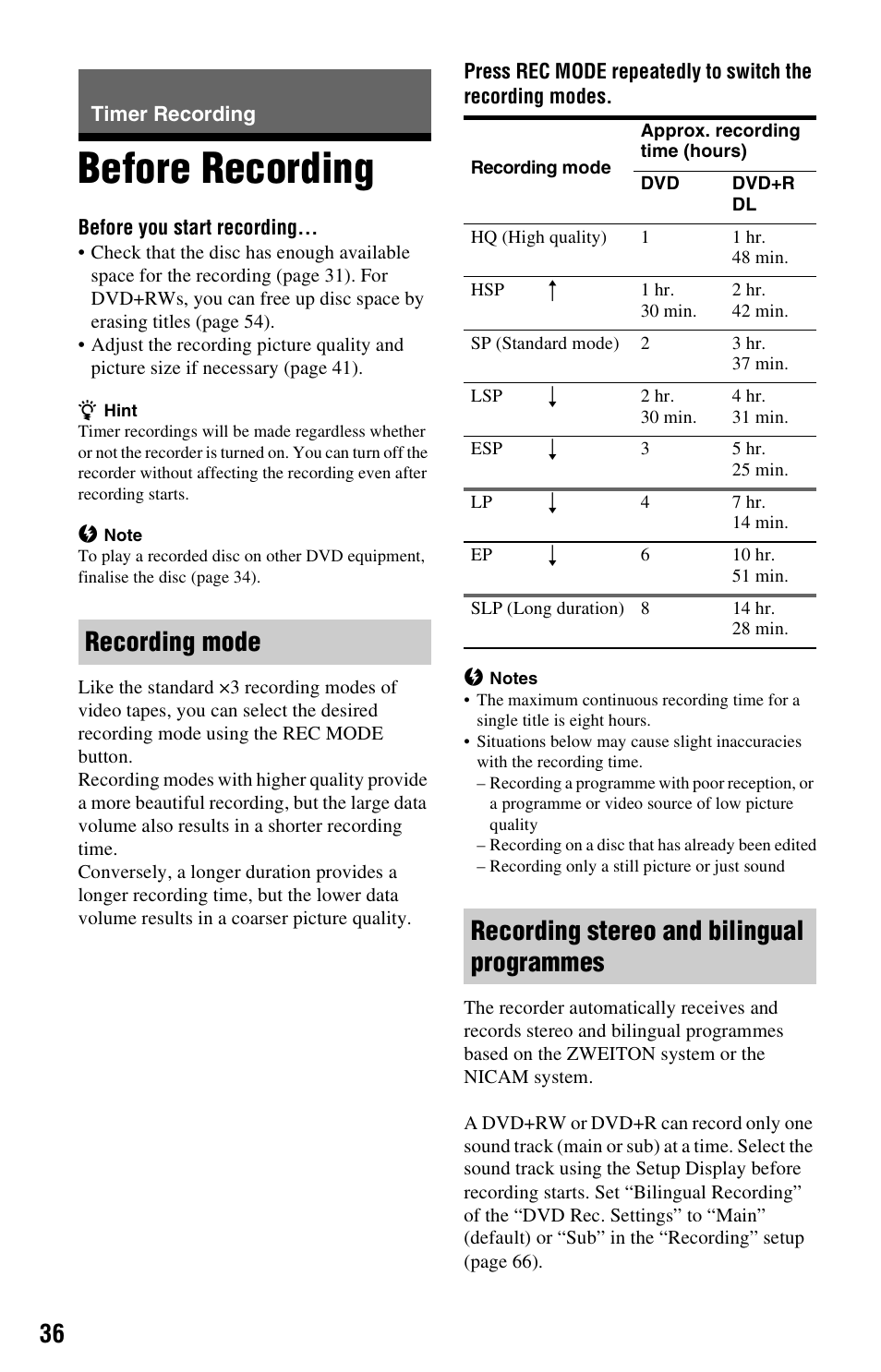 Timer recording, Before recording, Recording mode | Recording stereo and bilingual programmes | Sony RDR-GX120 User Manual | Page 36 / 88