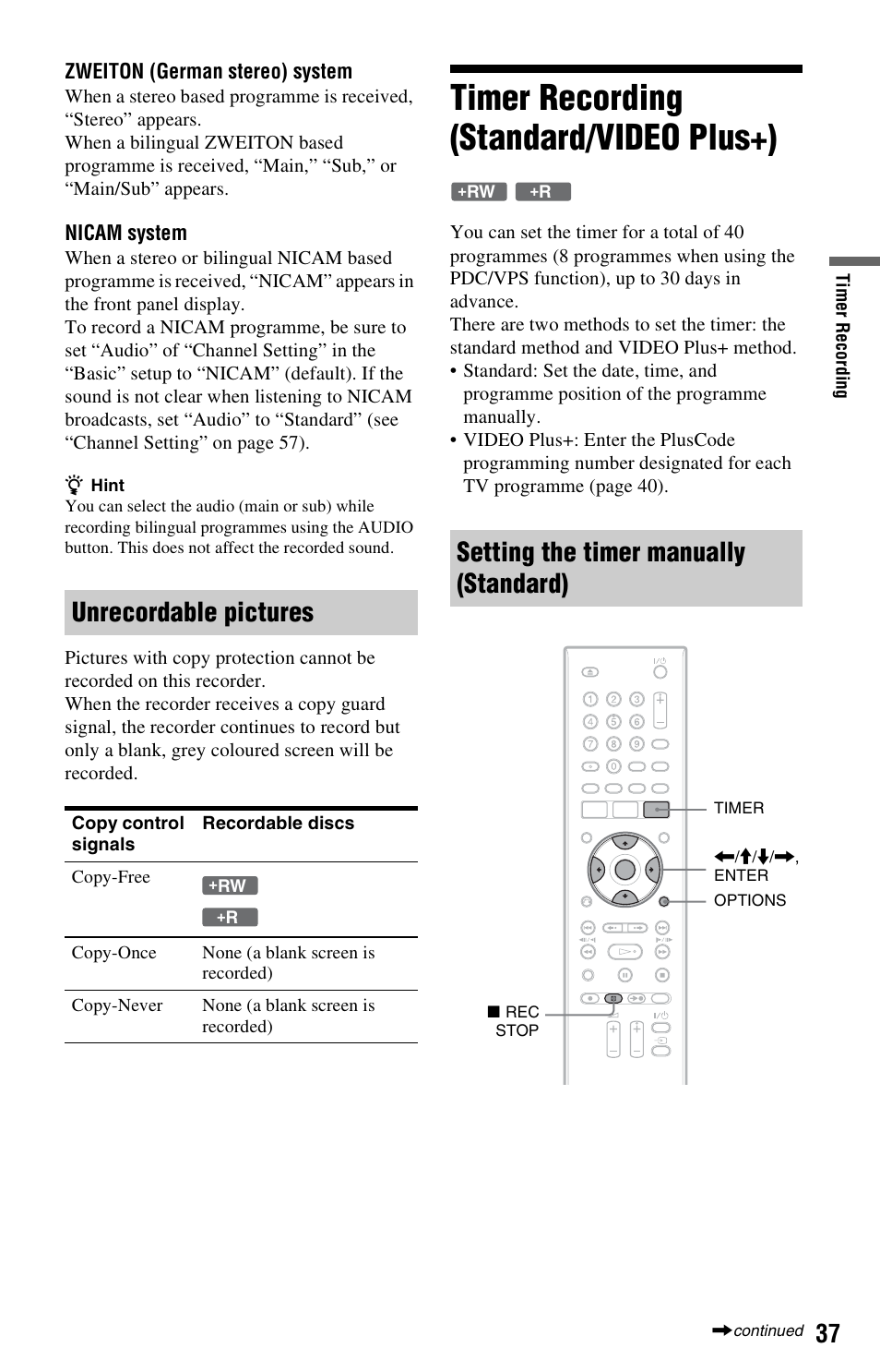 Unrecordable pictures, Timer recording (standard/video plus+), Setting the timer manually (standard) | Sony RDR-GX120 User Manual | Page 37 / 88