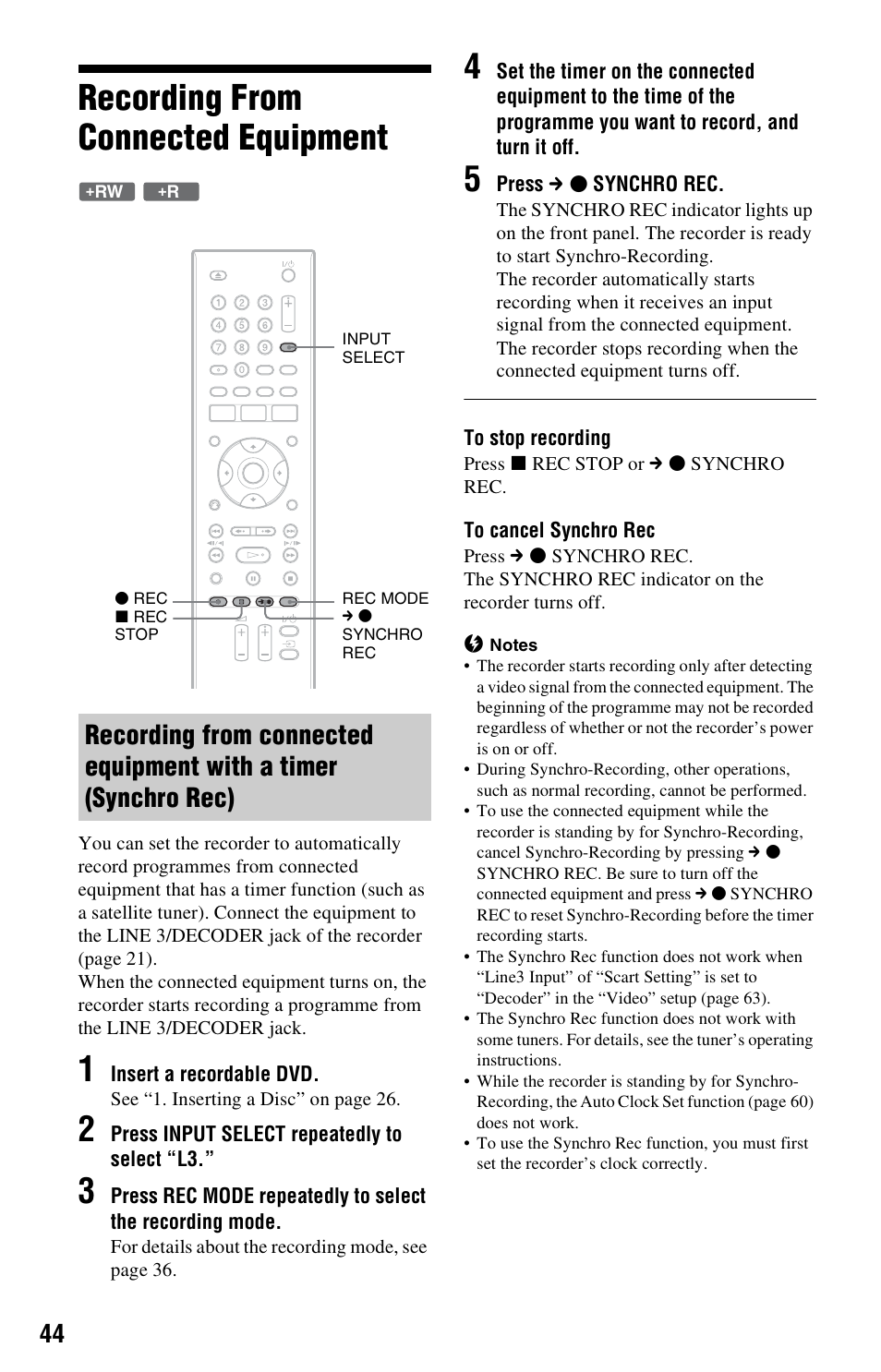 Recording from connected equipment | Sony RDR-GX120 User Manual | Page 44 / 88