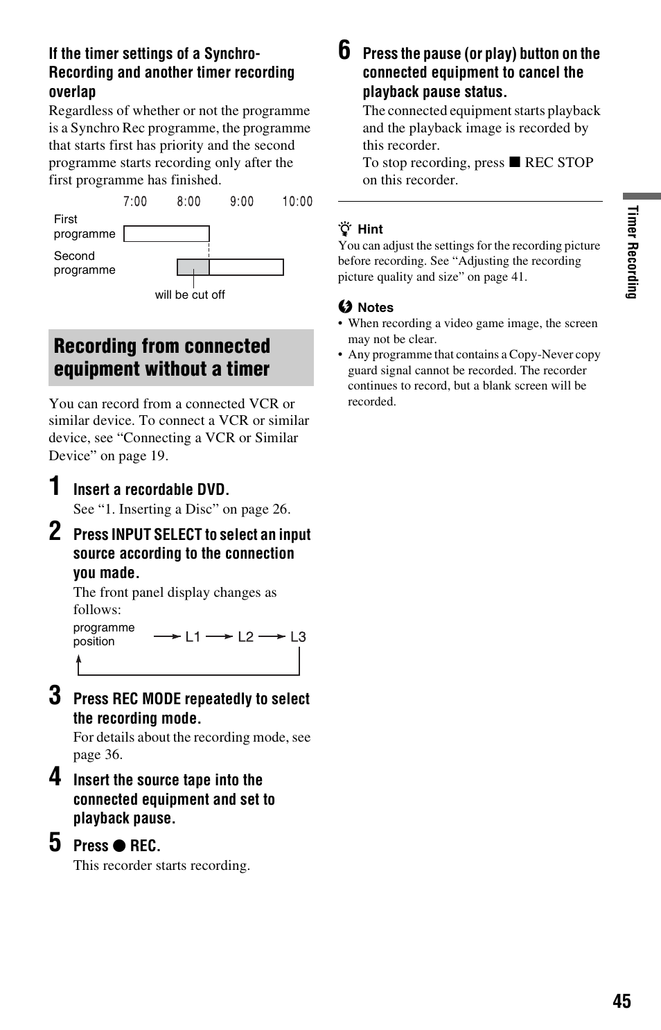 Recording from connected equipment without a timer | Sony RDR-GX120 User Manual | Page 45 / 88