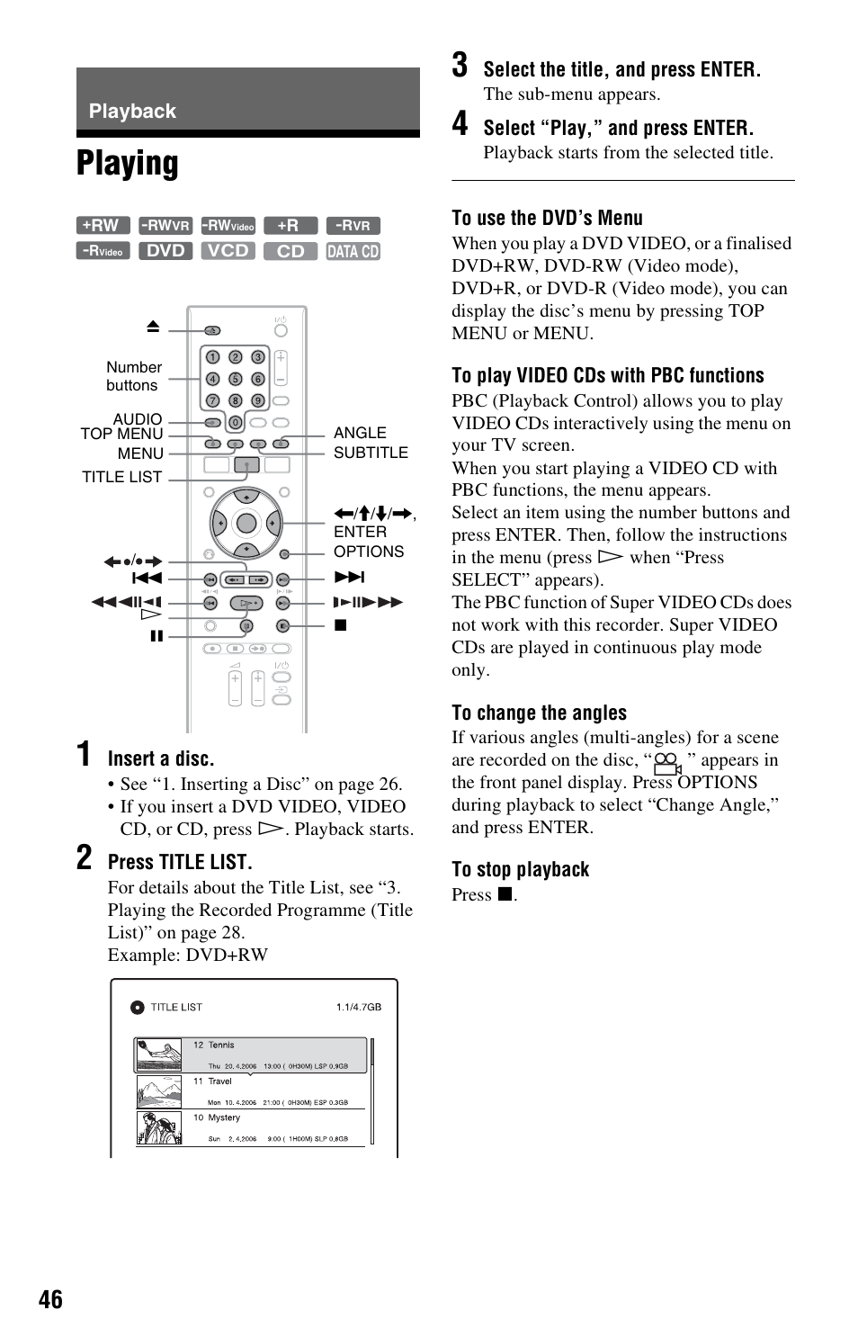 Playback, Playing, Playing 1 | Sony RDR-GX120 User Manual | Page 46 / 88