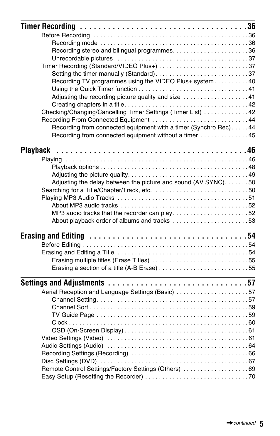 5timer recording, Playback, Erasing and editing | Settings and adjustments | Sony RDR-GX120 User Manual | Page 5 / 88