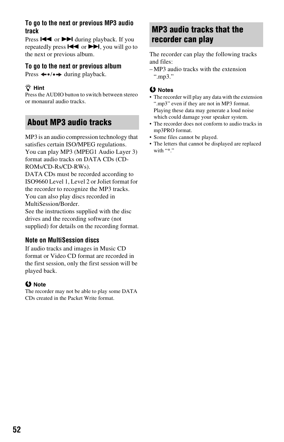 About mp3 audio tracks, Mp3 audio tracks that the recorder can play | Sony RDR-GX120 User Manual | Page 52 / 88