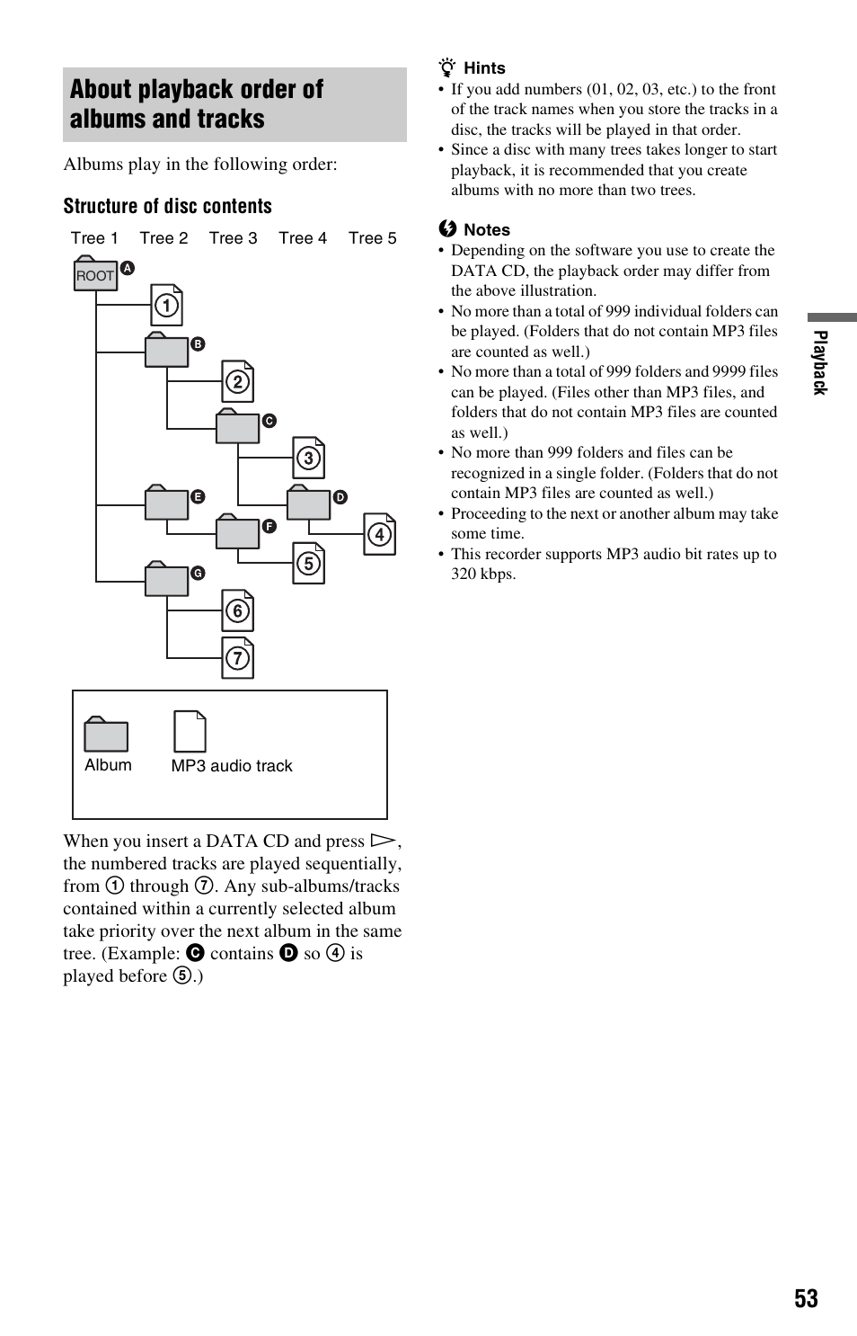 About playback order of albums and tracks | Sony RDR-GX120 User Manual | Page 53 / 88