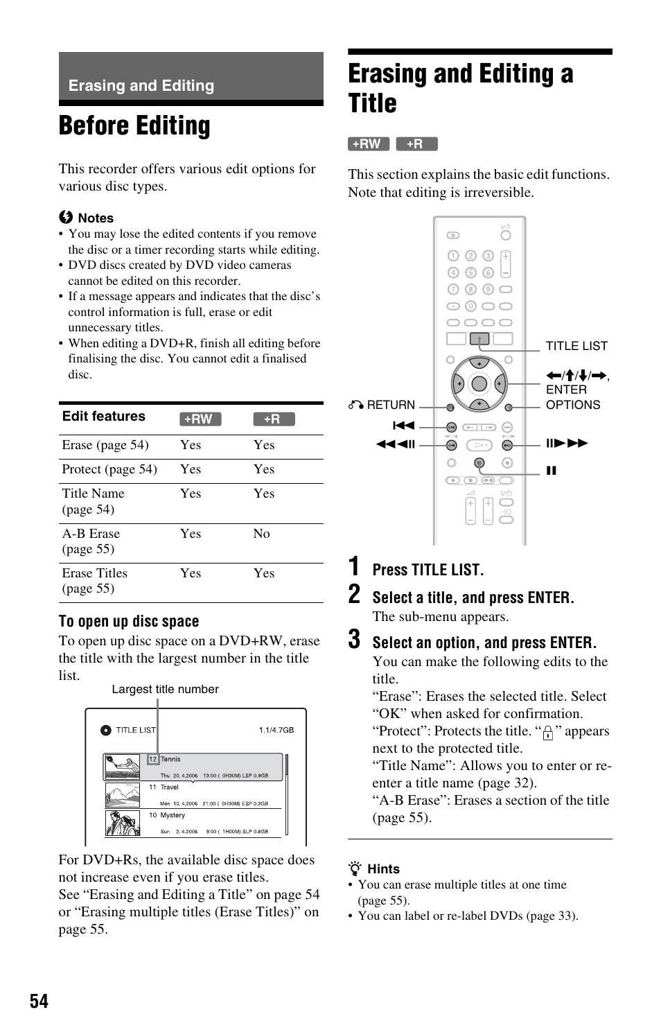 Erasing and editing, Before editing, Erasing and editing a title | Before editing erasing and editing a title | Sony RDR-GX120 User Manual | Page 54 / 88