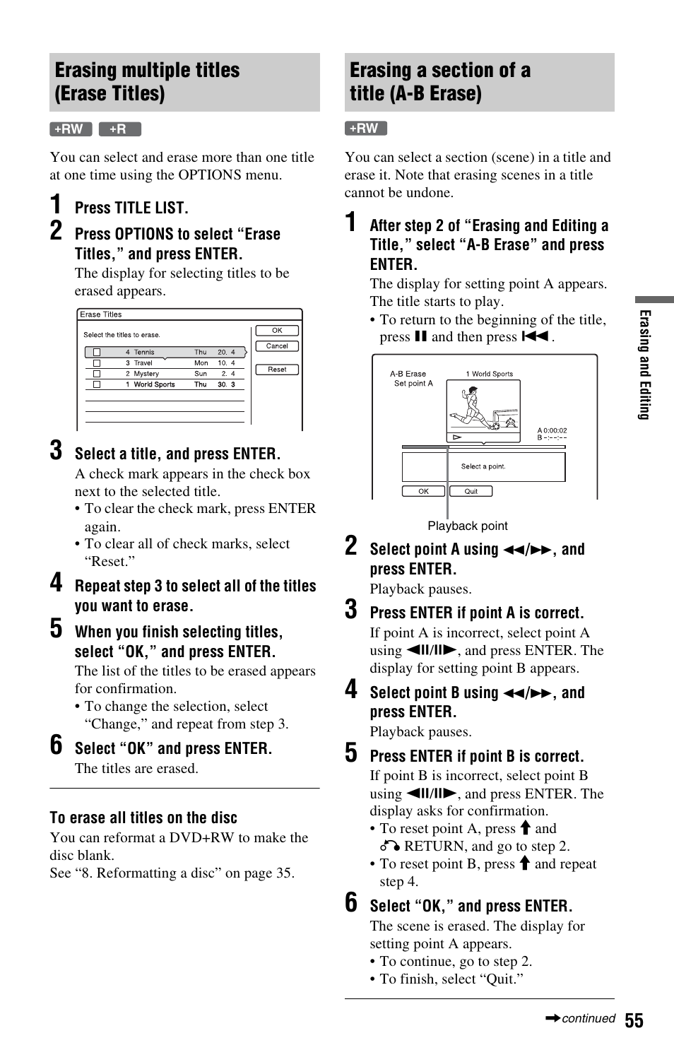 Erasing multiple titles (erase titles), Erasing a section of a title (a-b erase) | Sony RDR-GX120 User Manual | Page 55 / 88