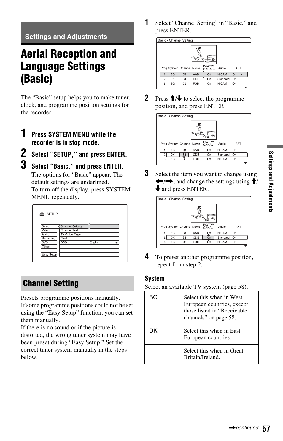 Settings and adjustments, Aerial reception and language settings (basic), Channel setting | Sony RDR-GX120 User Manual | Page 57 / 88